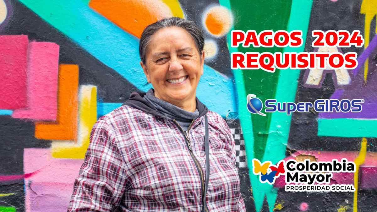 Foto de un adulto Mayor, Logo Colombia Mayor, Logo Supergiros, en palabras pagos 2024 Requisitos